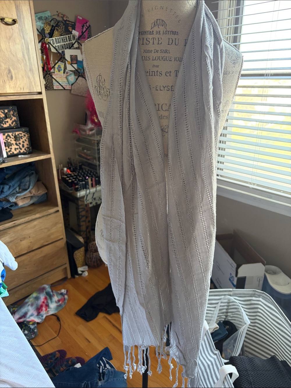Light Gray & Silver Light Knit Scarf with Fringe - Women